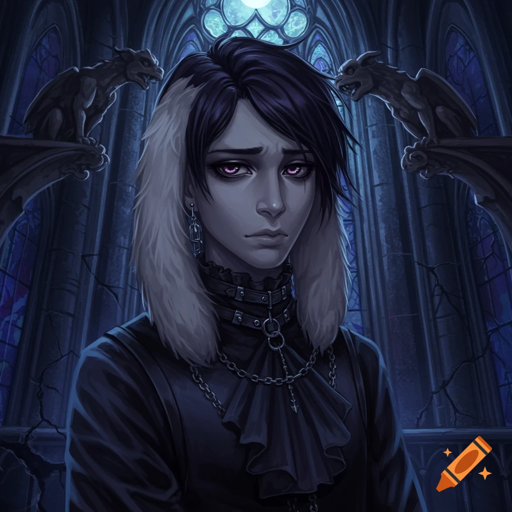 Somber goth character with purple eyes in a gothic cathedral, digital illustration.