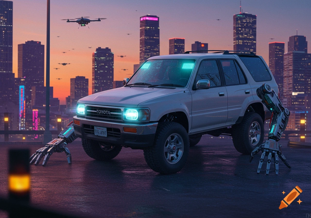 A white Toyota 4Runner SUV with robotic arms transforms in a cyberpunk city at sunset with drones flying.