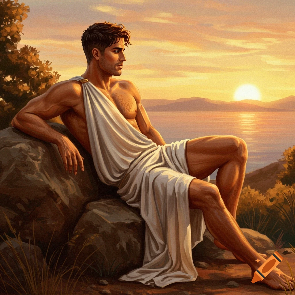 A muscular man in a white toga reclines on a rock, looking out over a calm body of water at sunset. Digital painting.