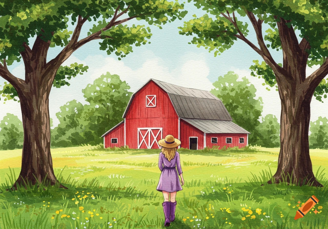 A woman in a purple dress and straw hat stands in a green field, facing a red barn framed by oak trees, in a watercolor style.