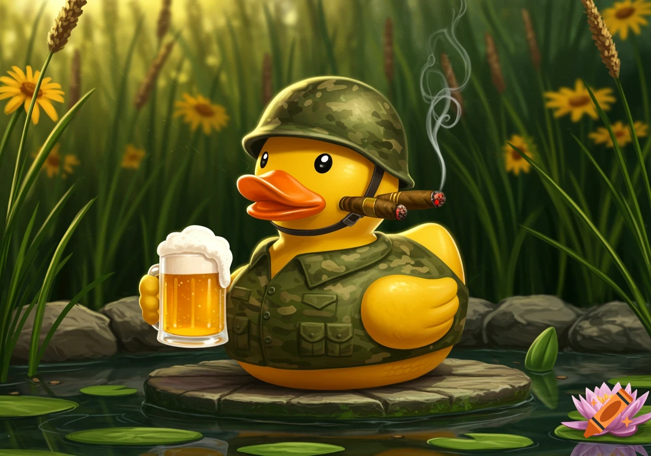 A cartoon rubber duck in army fatigues holds a beer and smokes two cigars, sitting on a rock in a pond with marsh plants.