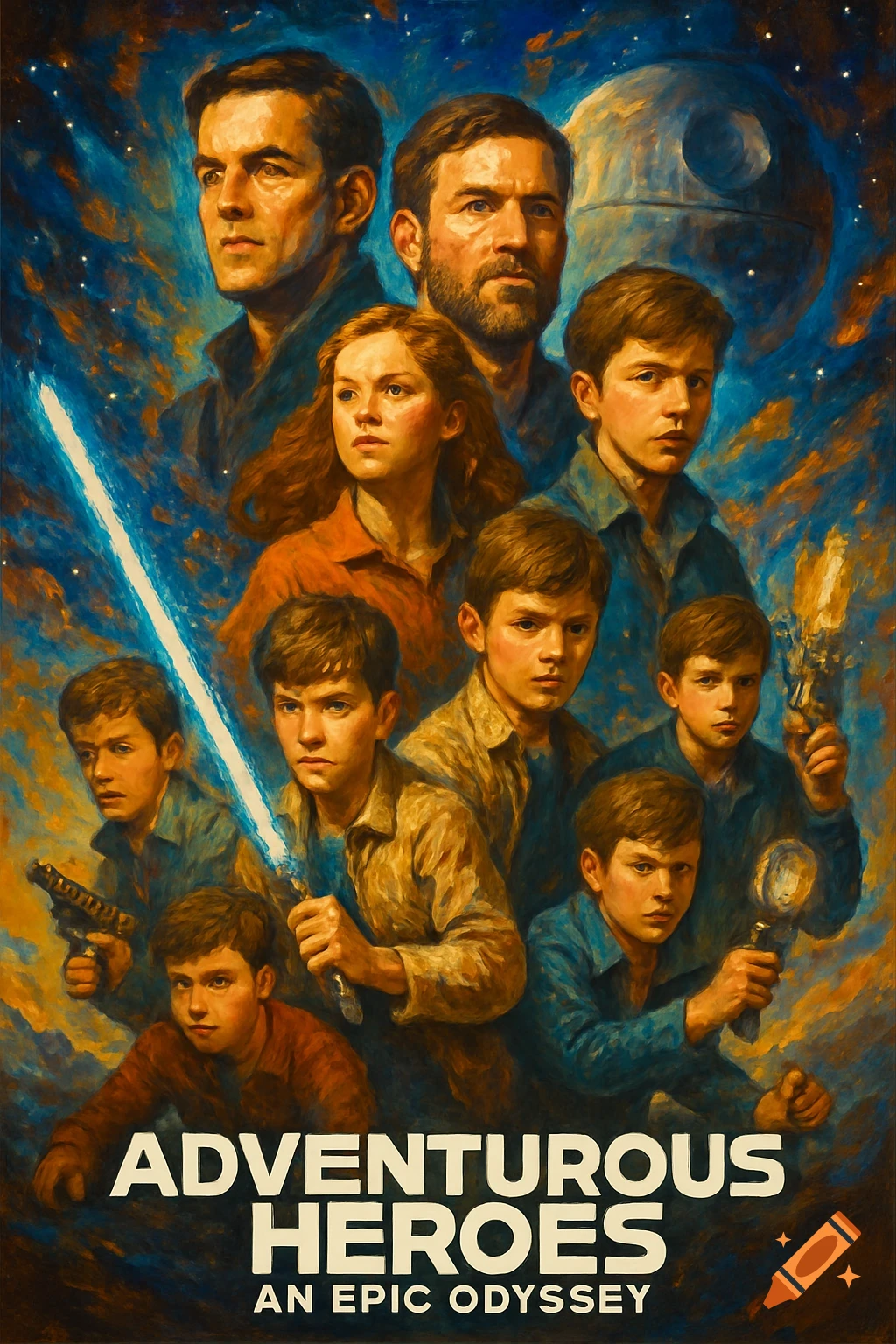 Oil painting movie poster with a group of diverse heroes: adults and children, holding a lightsaber and other futuristic gadgets, against a starry cosmic background with a large space station. Text reads "ADVENTUROUS HEROES AN EPIC ODYSSEY".