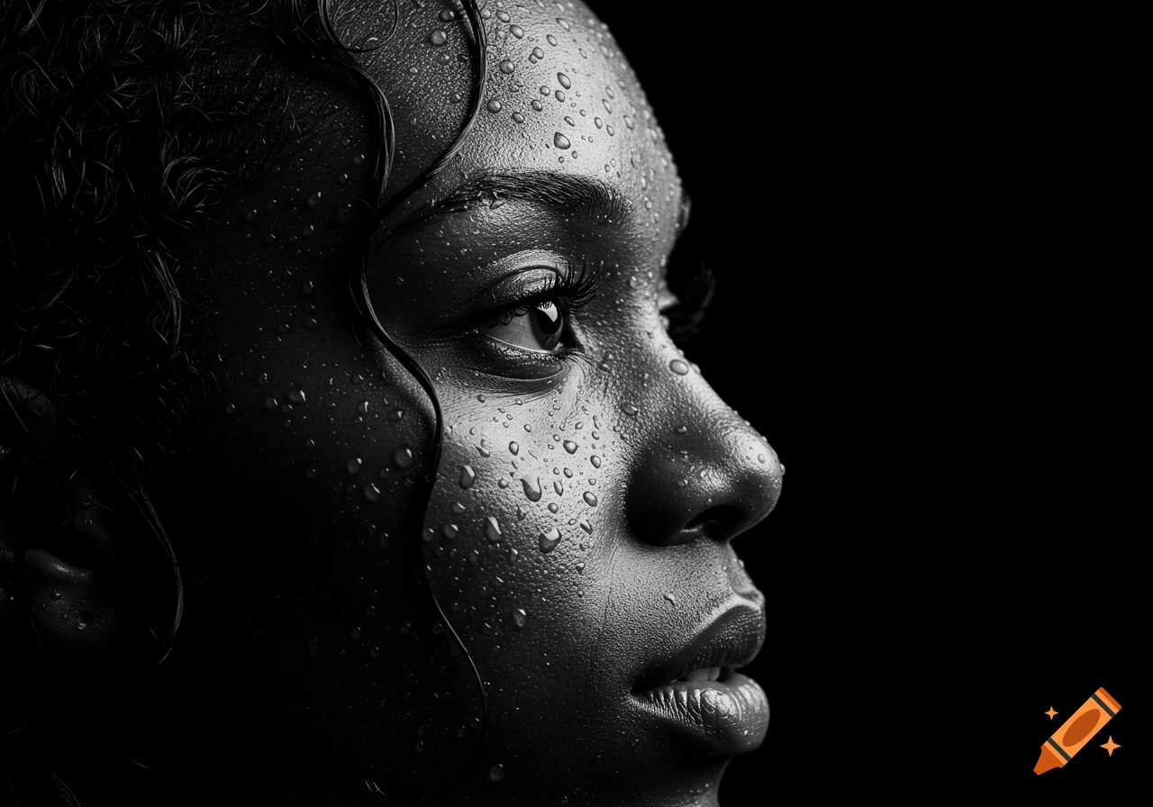 Close-up black and white profile portrait of a person's face covered in water droplets against a dark background.