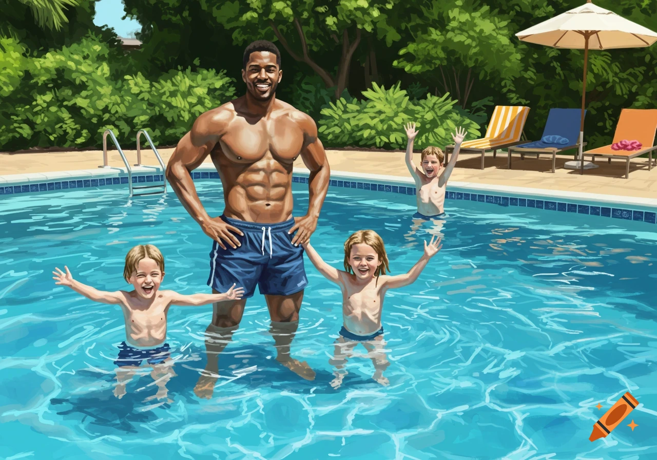 An athletic Black man and three children smile and splash in a blue swimming pool on a sunny day, surrounded by green trees.