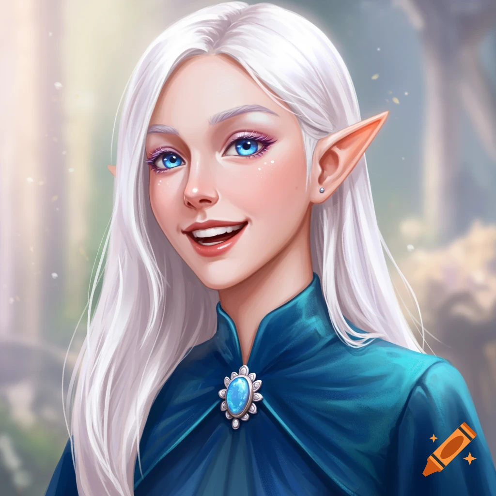 A smiling young high elven woman with long white hair, blue eyes, and pointed ears, wearing a blue velvet gown, in a painted style.