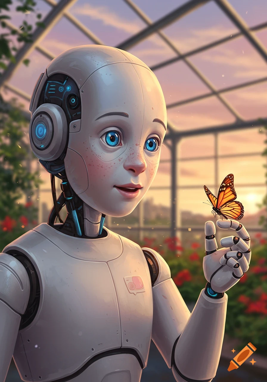 A cute robot child with blue eyes gazes at a butterfly perched on its finger in a sunlit greenhouse.