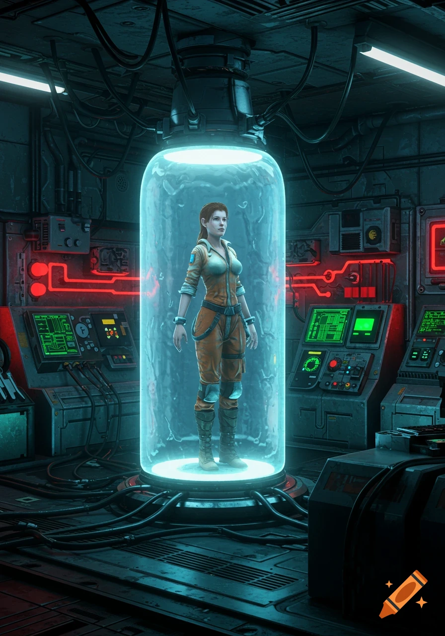 A woman in an orange jumpsuit, Chell from Portal, frozen in a glowing blue stasis chamber in a futuristic laboratory.