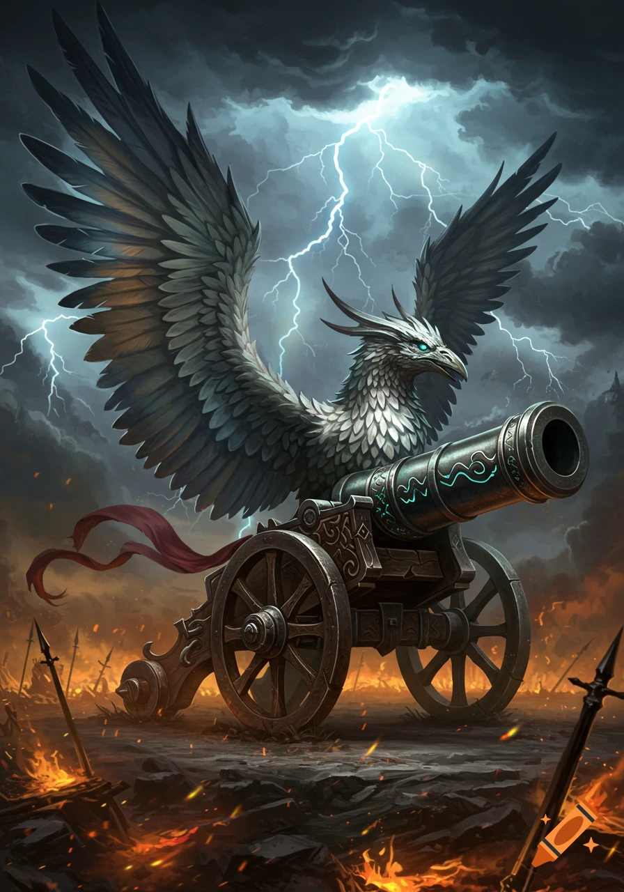 A majestic griffin-like creature with large wings on an ornate cannon in a stormy, fiery battlefield with lightning.