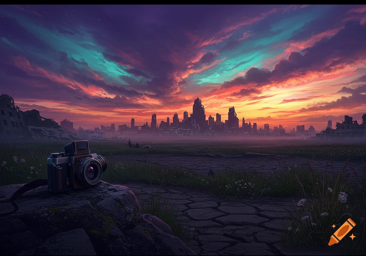 A vintage camera rests on a rock in a desolate field, overlooking a ruined cityscape at sunset under a vibrant sky. Stylized.
