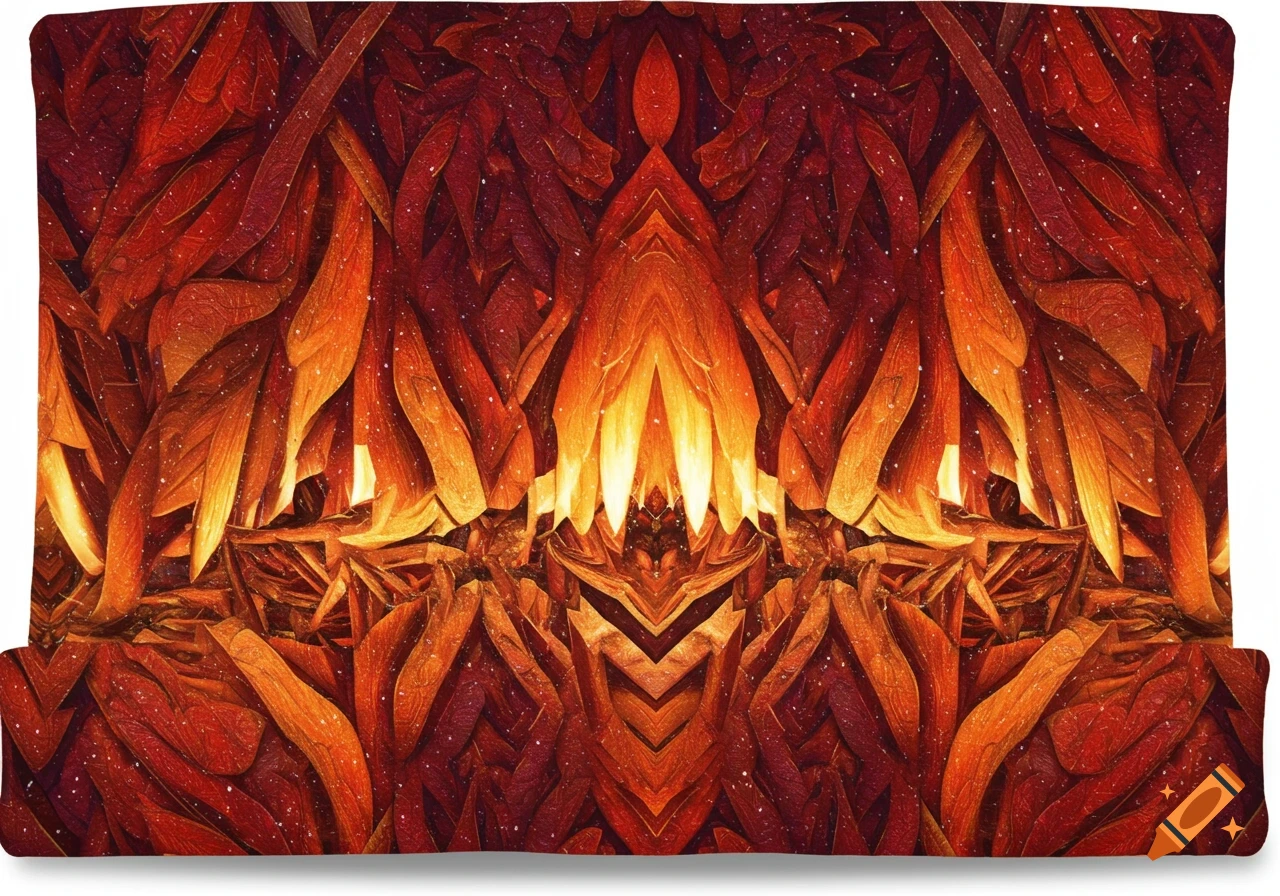 Symmetrical abstract pattern of orange and red organic forms resembling glowing leaves or flames.