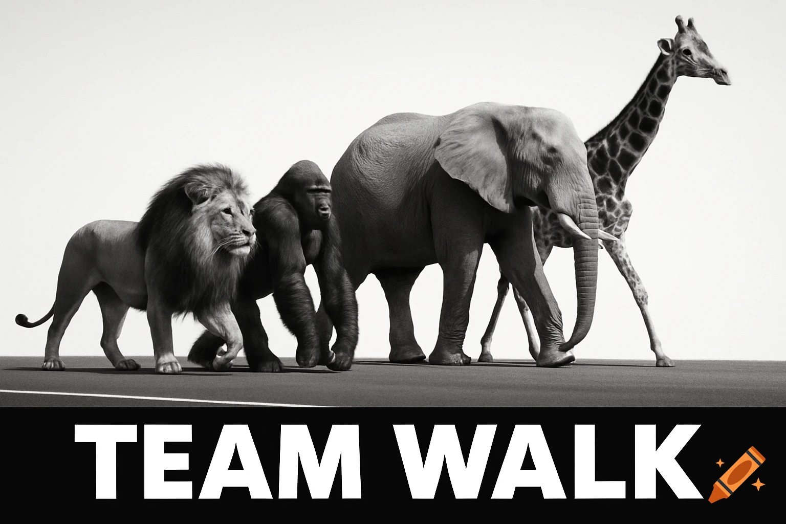 Black and white photorealistic image of a lion, gorilla, elephant, and giraffe walking in a line on a path. Text at bottom reads 'TEAM WALK'.