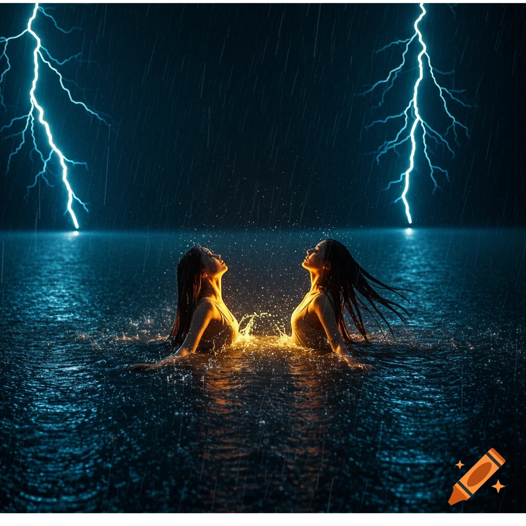 Two women look up from water in pouring rain at night, illuminated by golden light as lightning strikes around them.