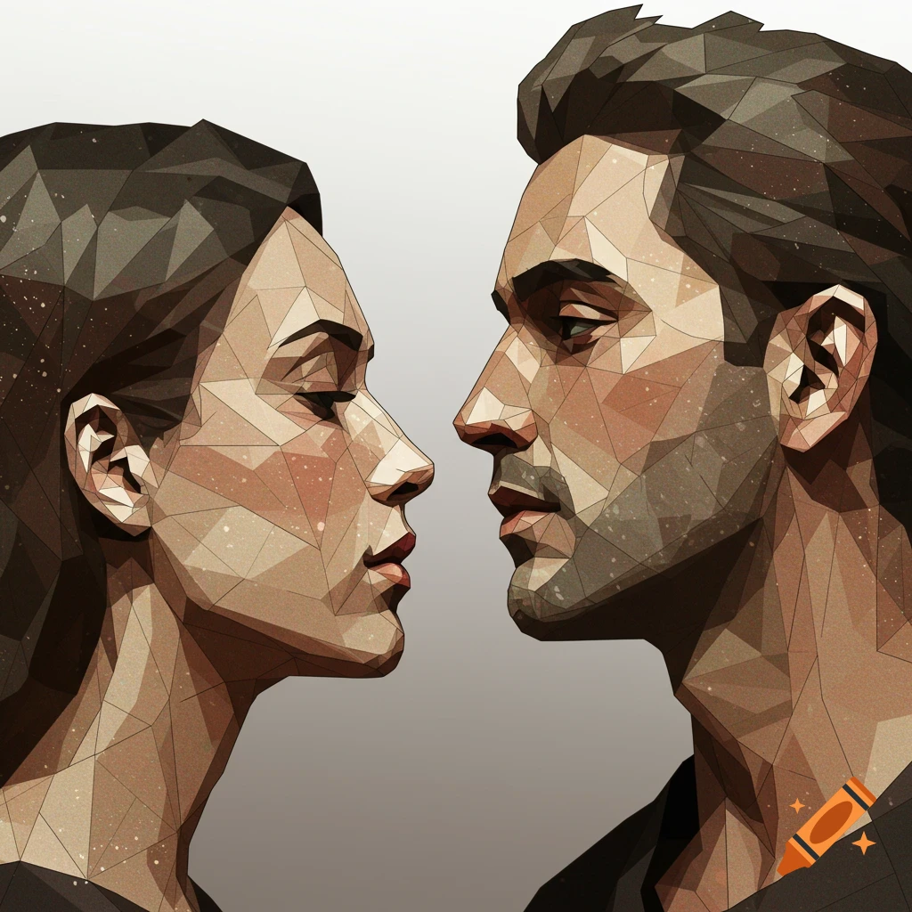 Two faces in profile, a man and a woman, rendered in a geometric mosaic art style, facing each other.