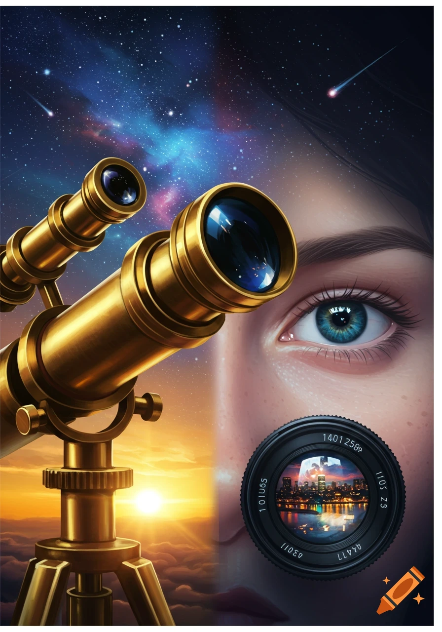 A composite image showing a golden telescope and a large blue eye looking at a starry nebula sky, with a city skyline reflected in a camera lens.
