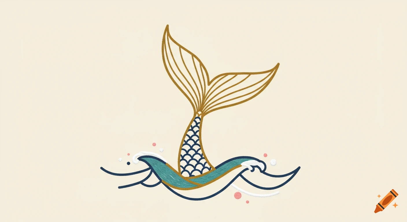 Stylized line-art illustration of a gold and navy mermaid tail emerging from teal, navy, and white waves with pink accents.