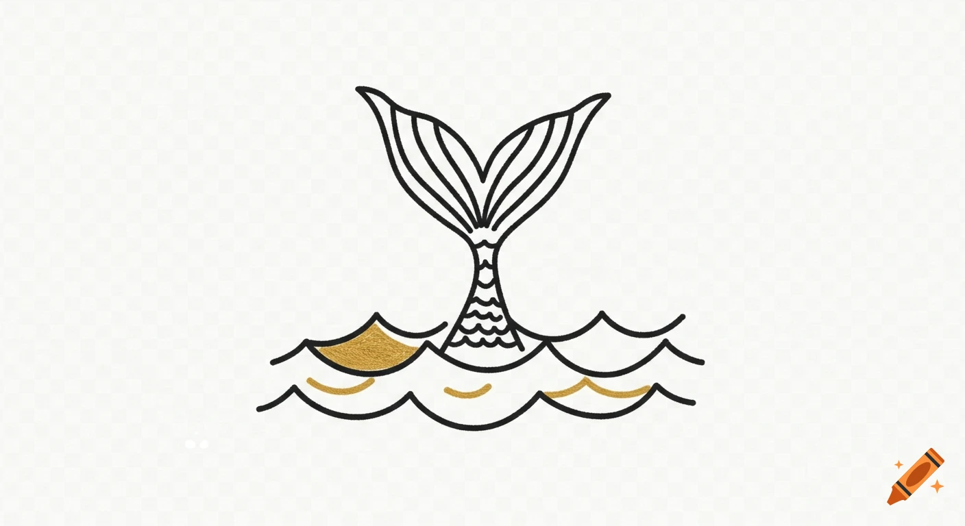 Line-art illustration of a mermaid tail in stylized waves with gold accents.