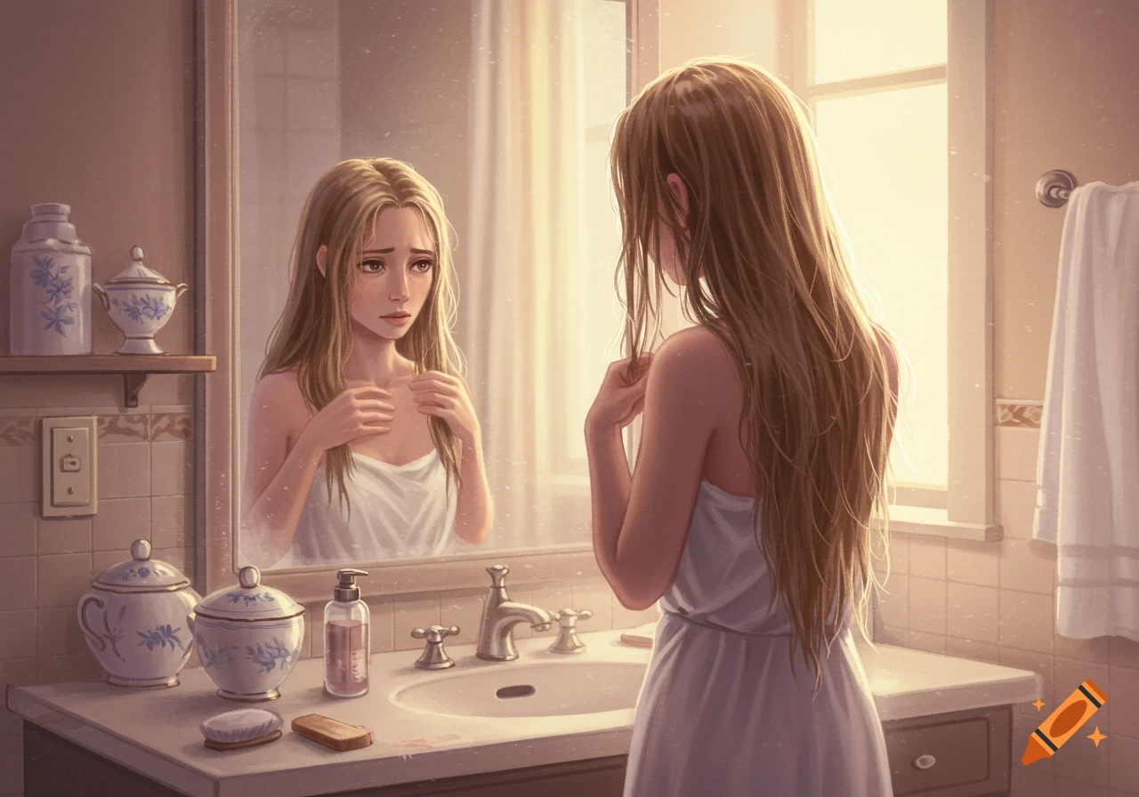 Illustrated woman with long hair wearing a towel or dress, looking sadly at her reflection in a bathroom mirror.