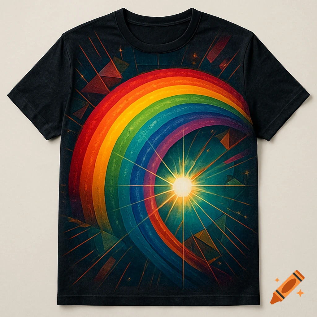 A black t-shirt with a vibrant rainbow arching over a bright central sunburst, surrounded by abstract geometric shapes and light rays.