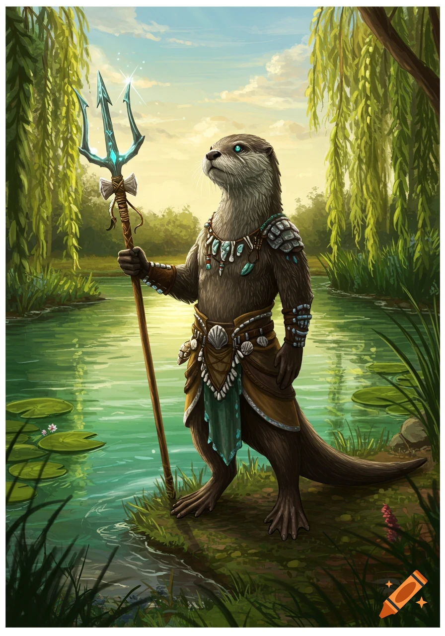 Anthropomorphic river otter warrior stands by a river, holding a glowing blue trident. Illustrative fantasy art.