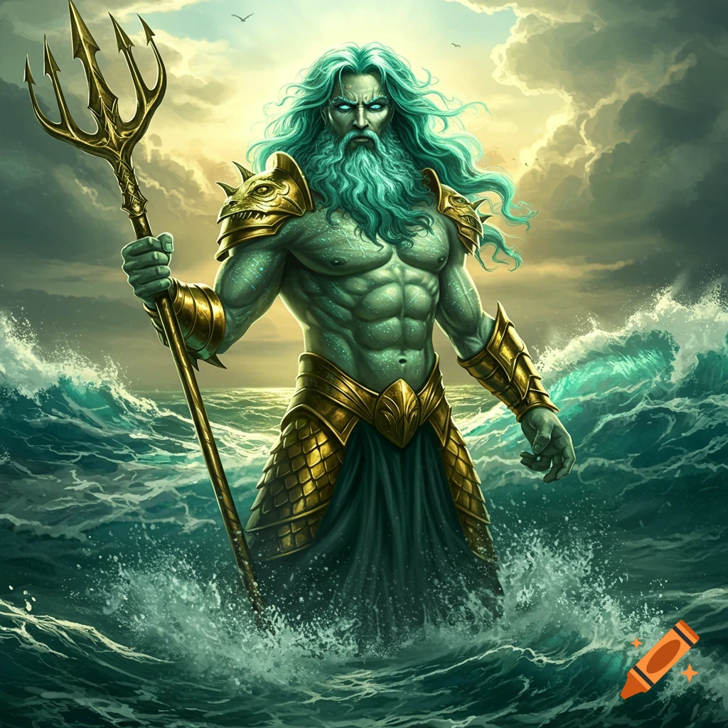 Powerful Poseidon, god of the sea, stands tall in a stormy ocean, wielding his golden trident under a dramatic sky.