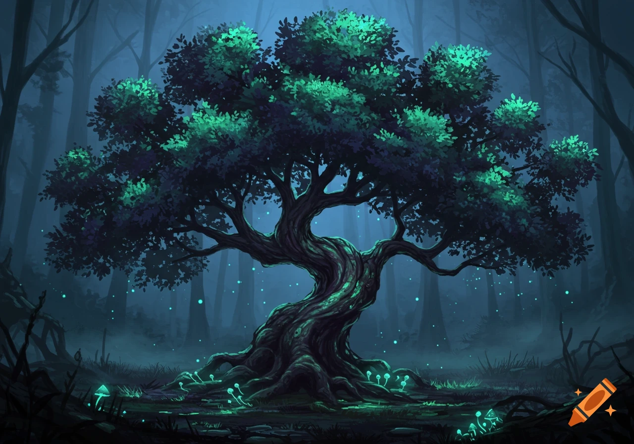 A large, gnarled tree with glowing green leaves and roots stands in a dark, mystical forest illuminated by glowing mushrooms and floating specks of light.