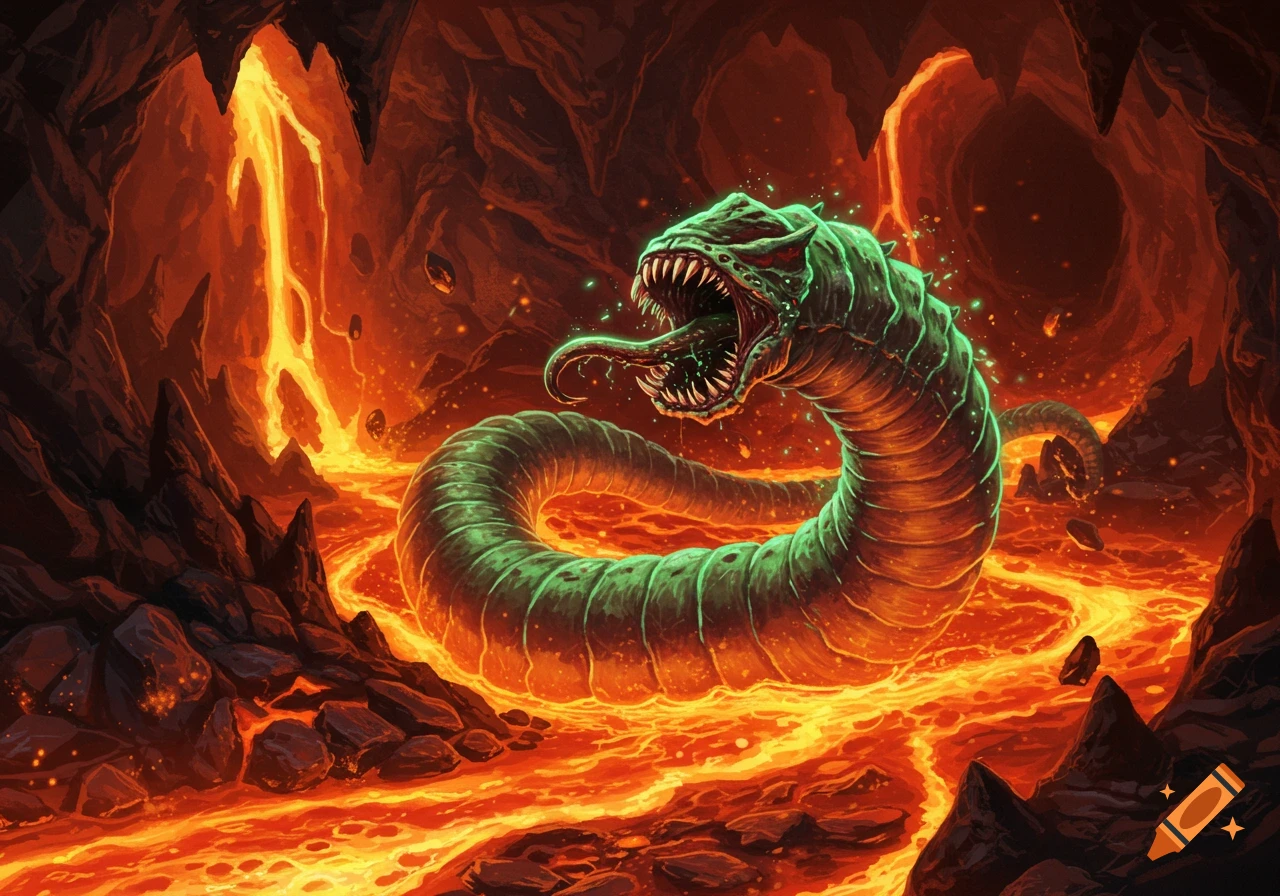 A glowing green worm monster with sharp teeth and an open mouth coils in a dark cave with flowing orange lava.
