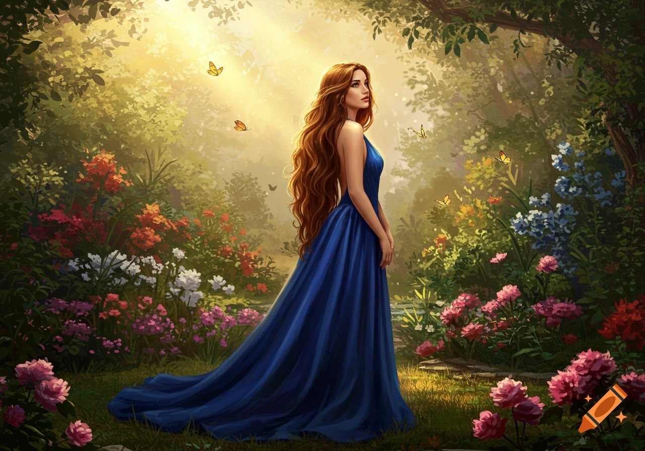 A woman with long brown hair in a blue dress stands in a sunlit, colorful fantasy garden with flowers and butterflies.