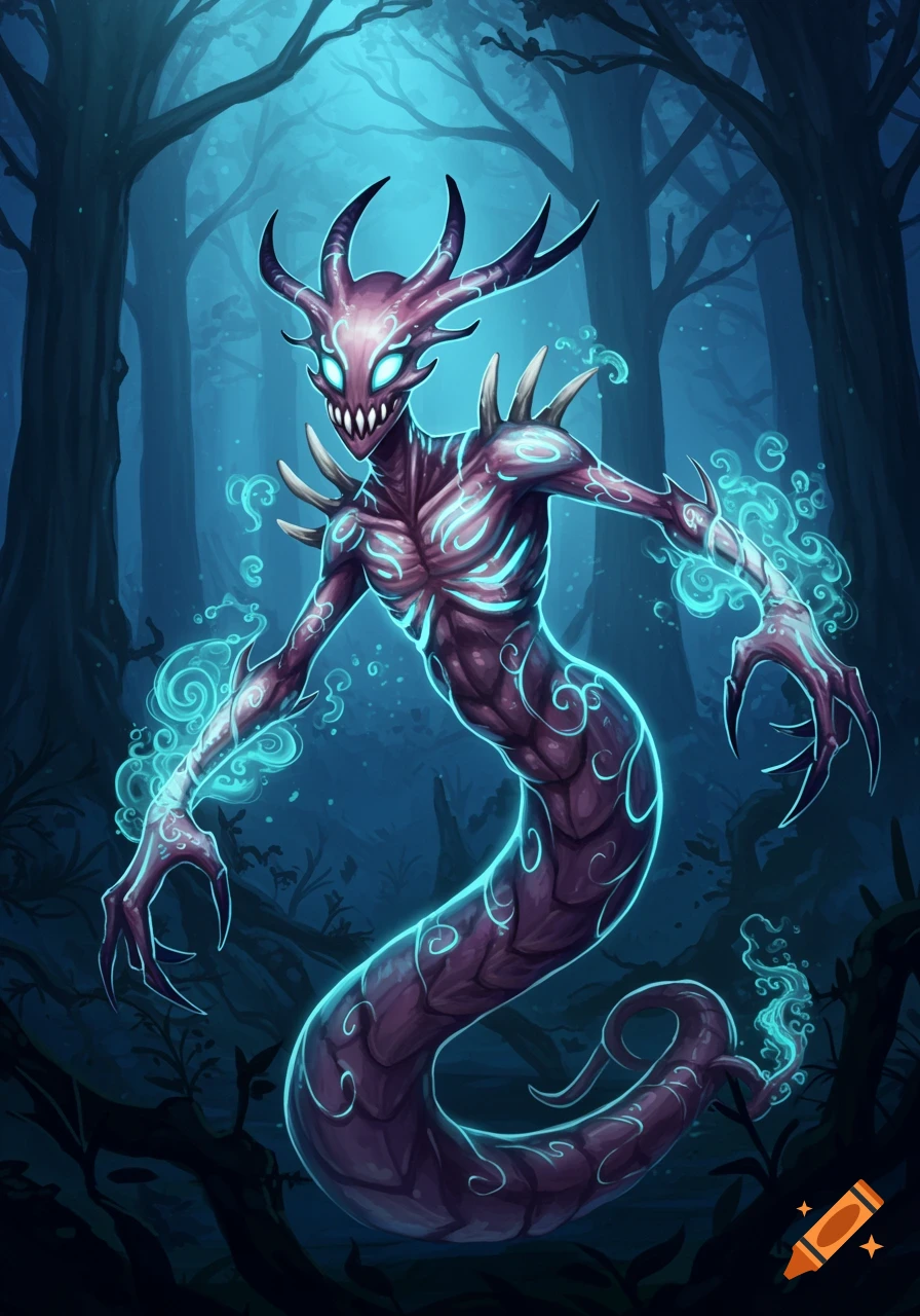 A stylized purple, snake-like monster with horns, spikes, and glowing blue eyes, emanating turquoise mystical energy in a dark forest.