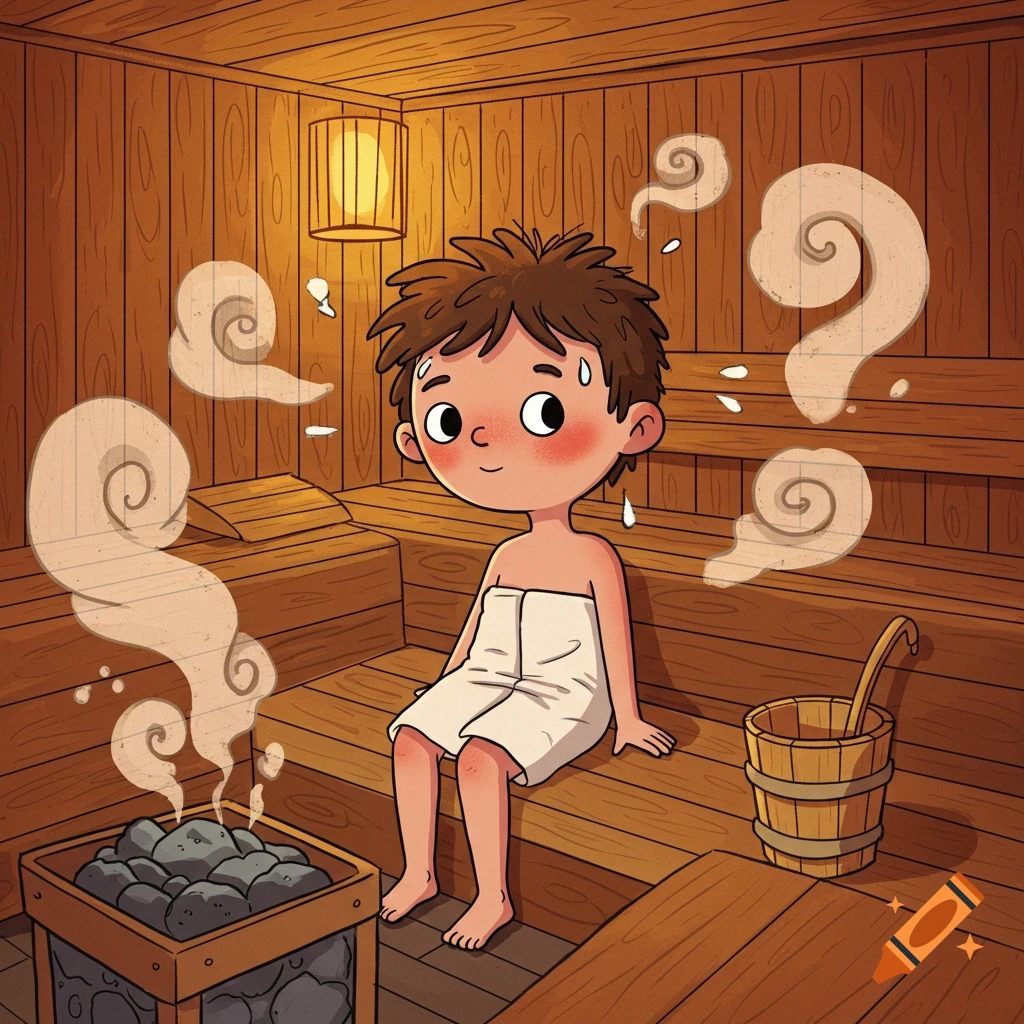 A cartoon boy with rosy cheeks sits on a wooden bench in a steamy sauna, wrapped in a white towel.