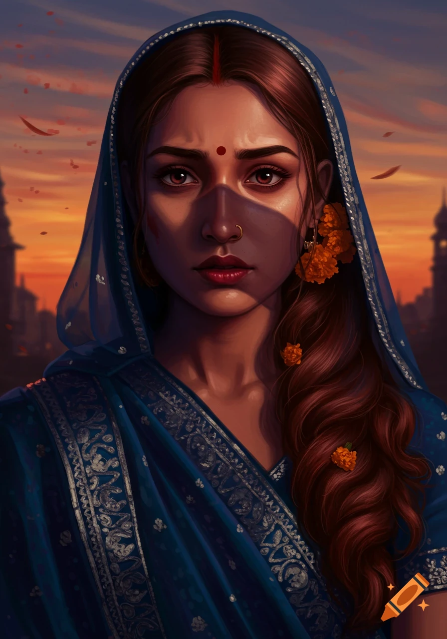 A close-up portrait of an Indian woman in a blue sari with a bindi and nose ring, looking directly forward against a sunset sky.