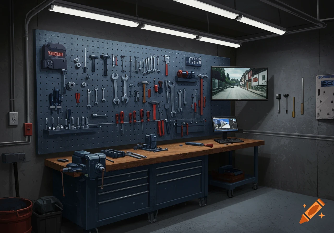 A well-lit garage workshop features a large pegboard wall organized with various tools above a sturdy wooden workbench with a vise. A flat-screen TV and computer sit on the right side of the bench.