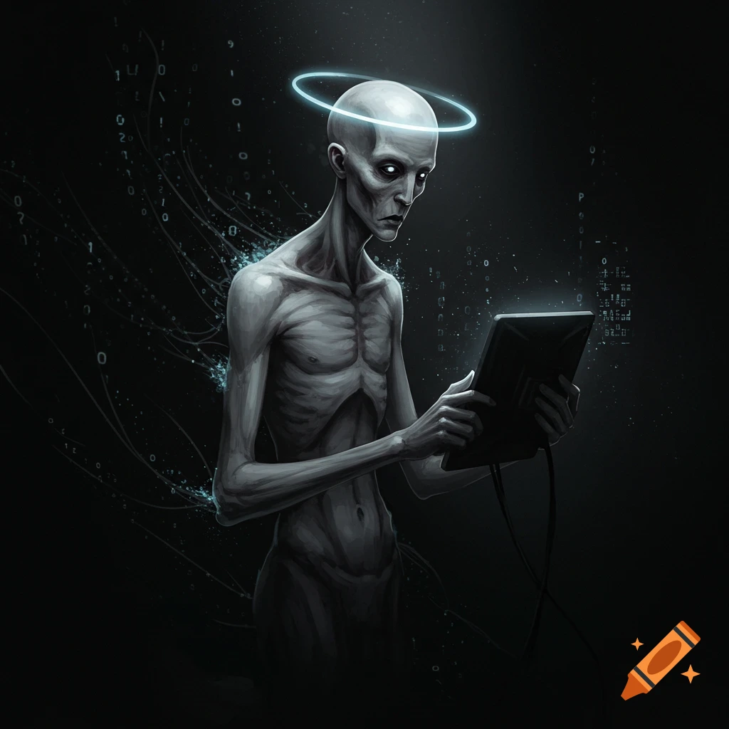 A gaunt, pale humanoid figure with a glowing halo and eyes holds a tablet, surrounded by digital code in darkness.