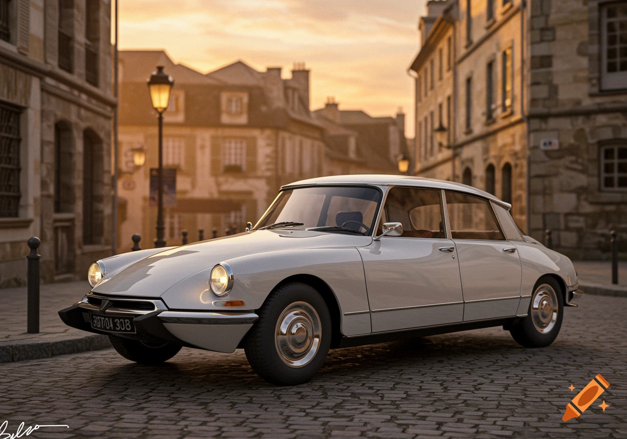 A white vintage Citroen DS car parked on a cobblestone street in a European city at sunset, with old buildings in the background.