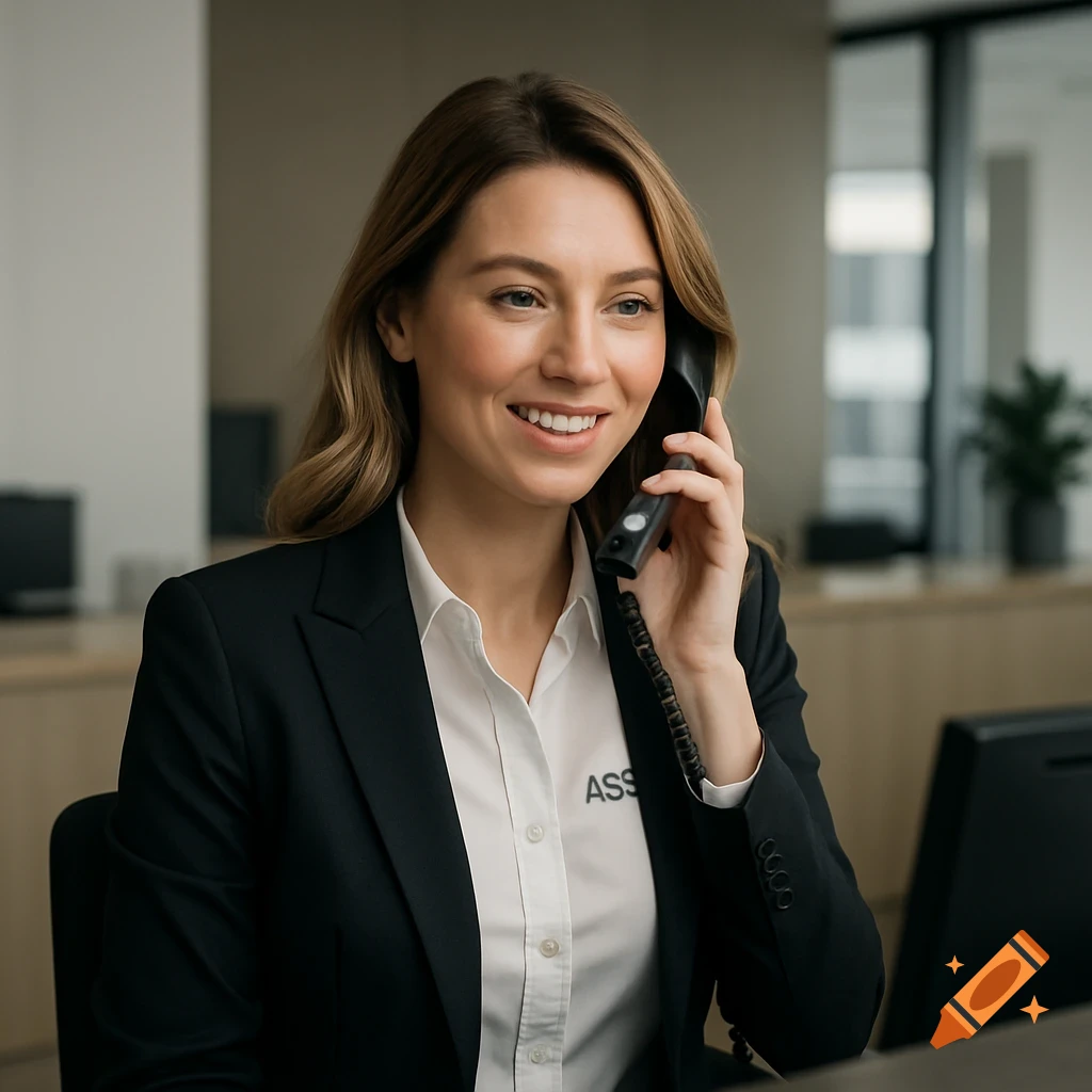 Photorealistic portrait of a smiling woman in a black suit and white blouse talking on a phone in an office.