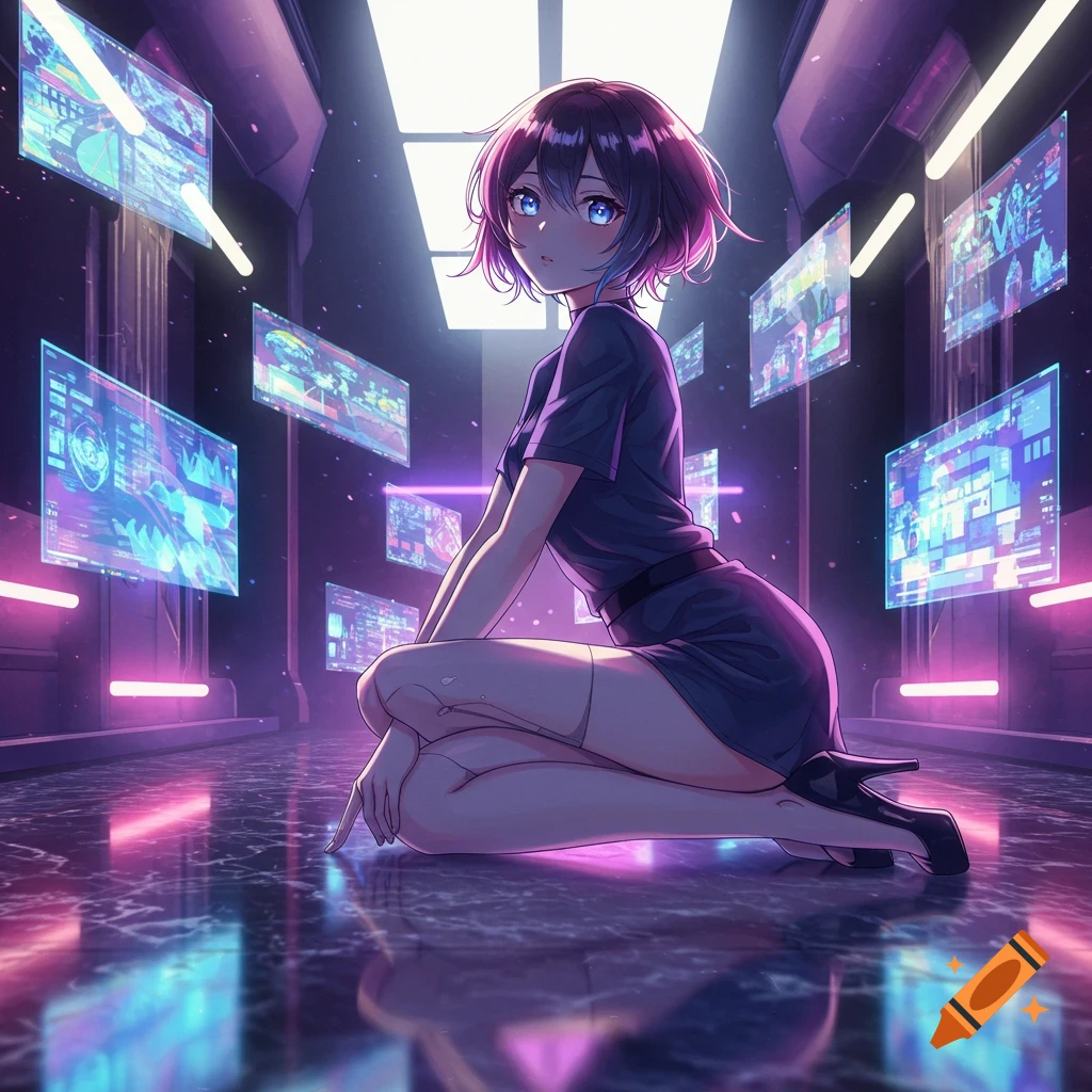 Anime girl with short dark hair and blue eyes kneels on a reflective floor in a futuristic room with glowing purple and blue screens.
