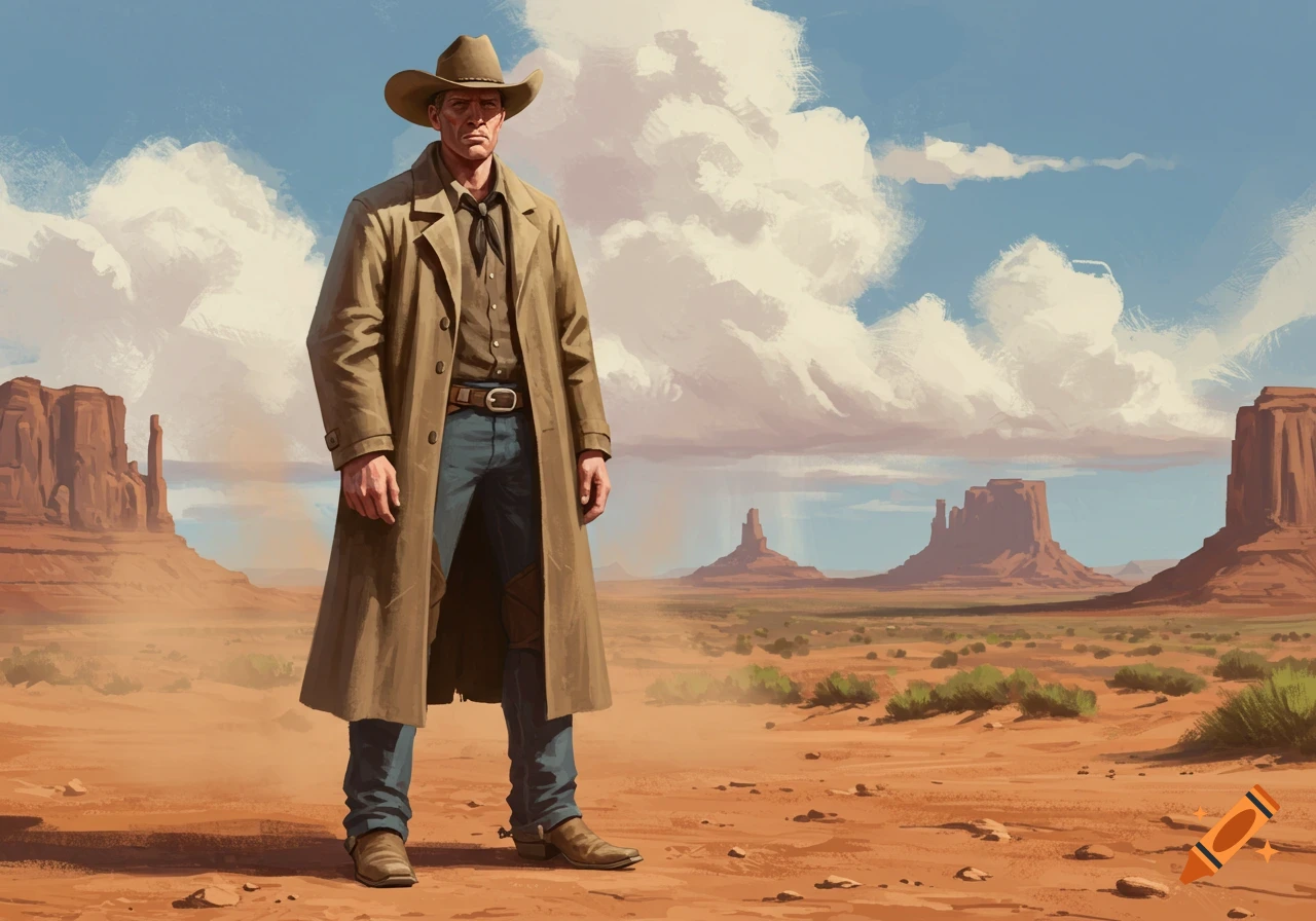 A cowboy in a duster coat and hat stands in a vast desert landscape with large rock formations under a cloudy sky, in a painted style.