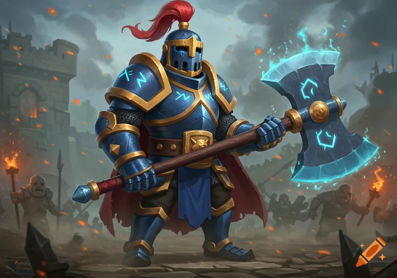 A blue and gold armored fantasy knight with a red plume holds a glowing axe amidst a battle in front of a castle.
