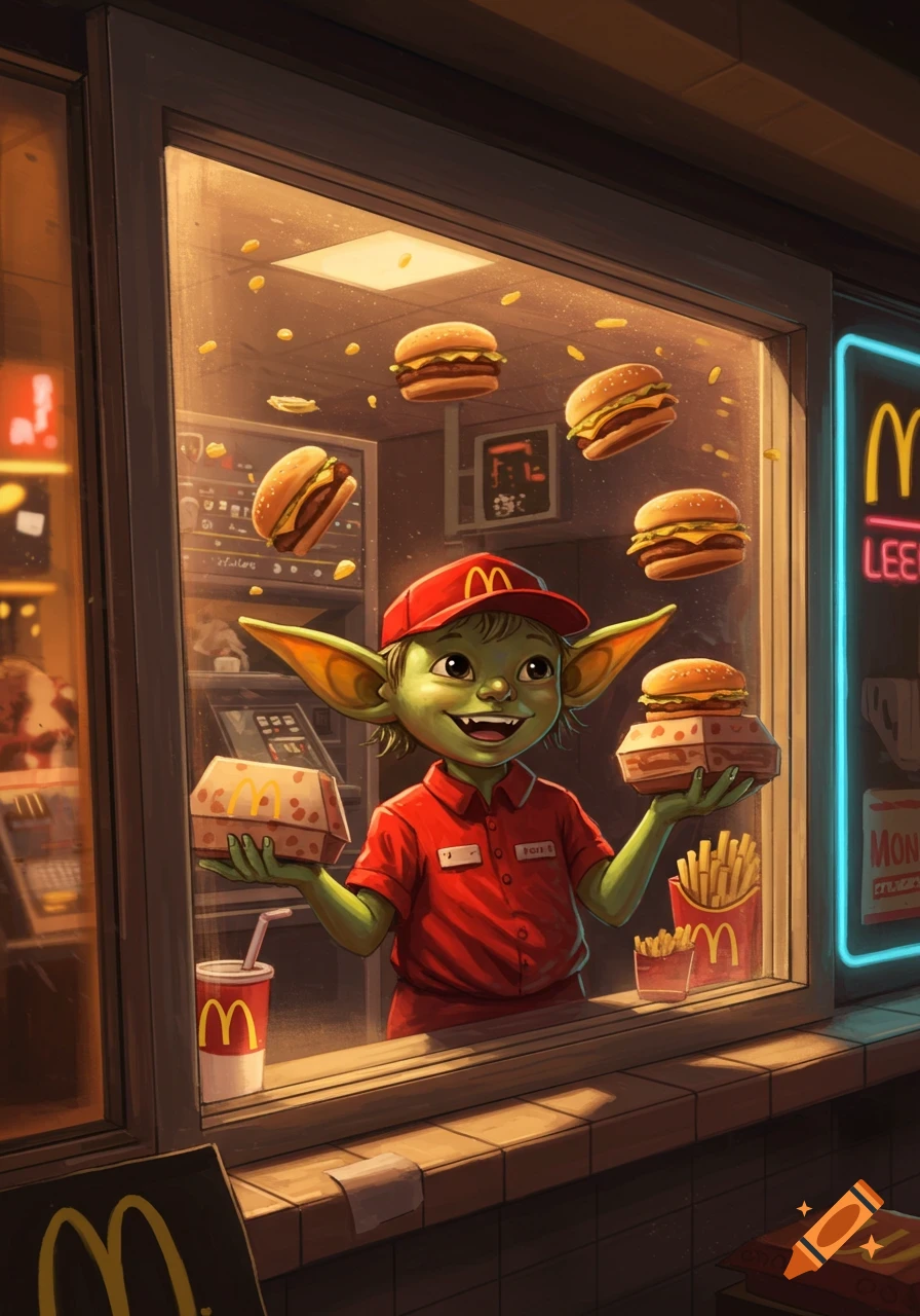 A cute green goblin wearing a red McDonald's uniform and cap smiles while serving burgers and fries through a drive-thru window.