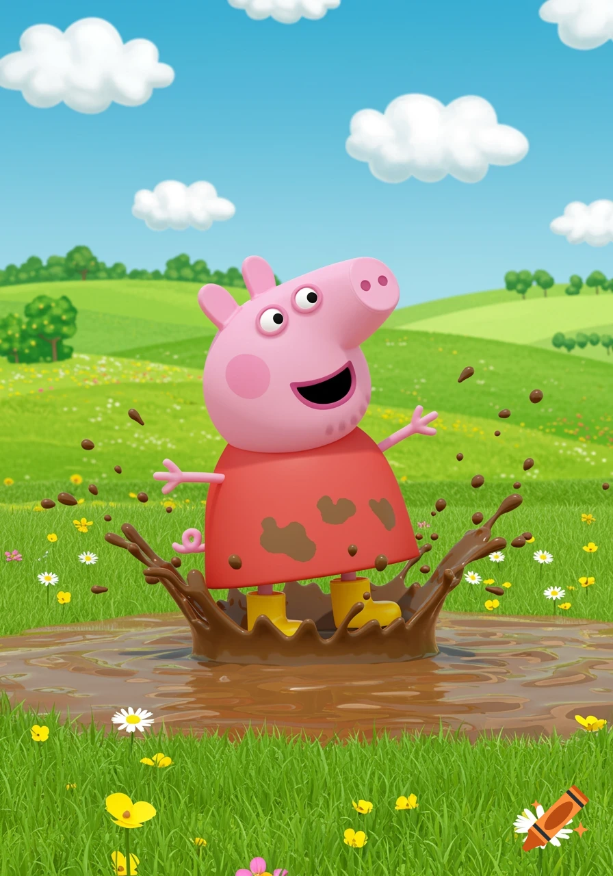 Peppa Pig, a pink cartoon pig in a red dress and yellow boots, joyfully splashes in a muddy puddle in a green field under a blue sky.