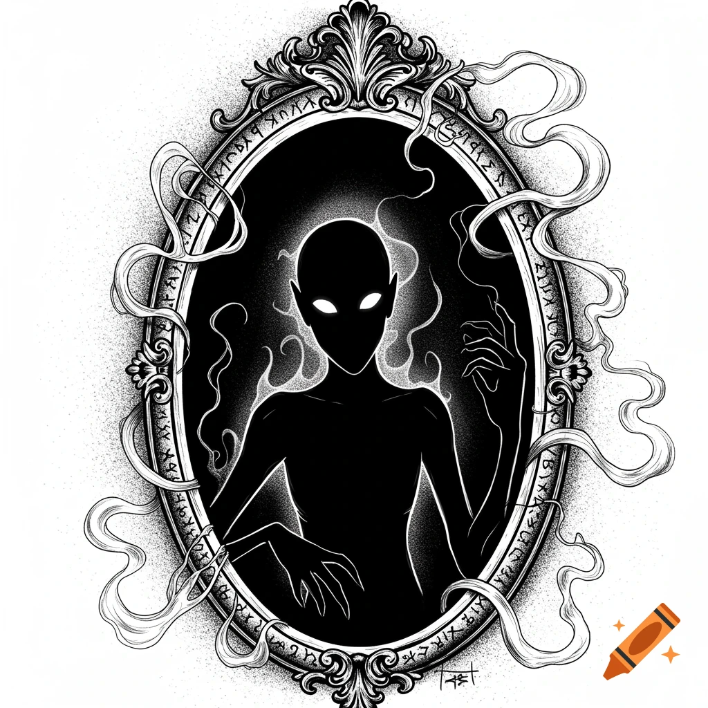 Black and white illustration of a shadowy demon with glowing eyes in an ornate mirror, surrounded by smoke and symbols.