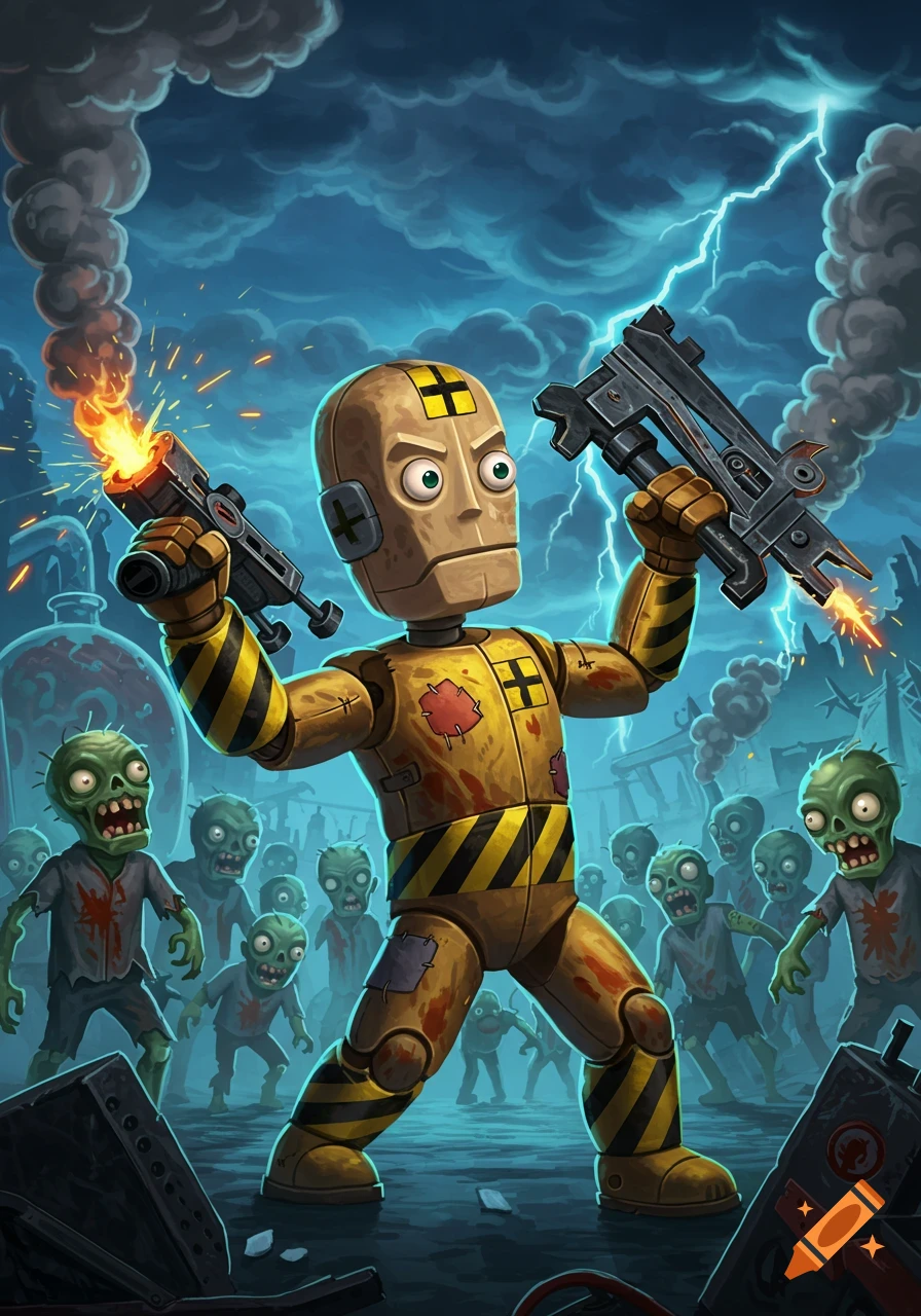 A cartoon crash test dummy with danger stripes battles a horde of zombies in a stormy, destroyed city, holding two unique guns.