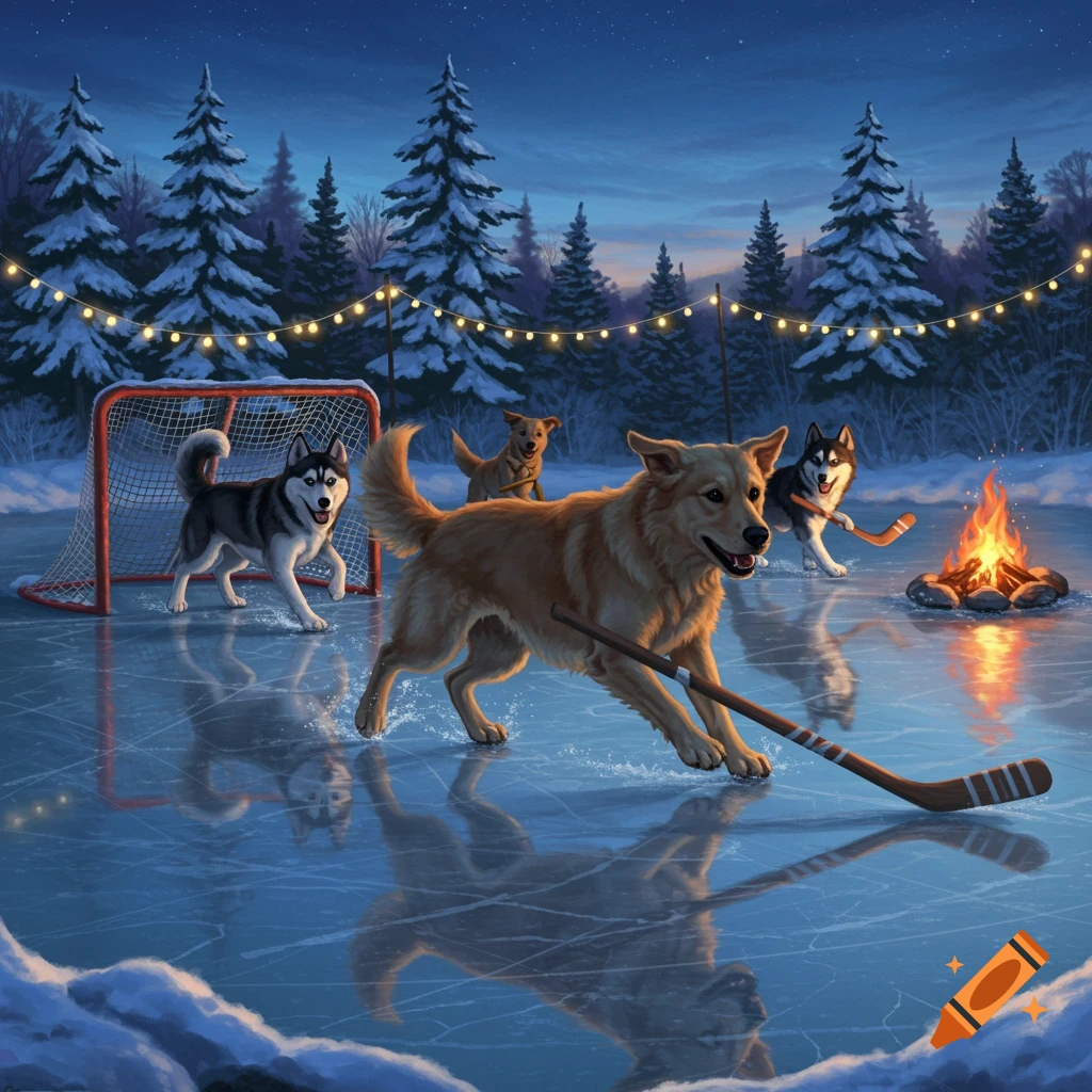 Dogs playing ice hockey on a frozen pond at night, with a campfire and string lights under a starry sky.