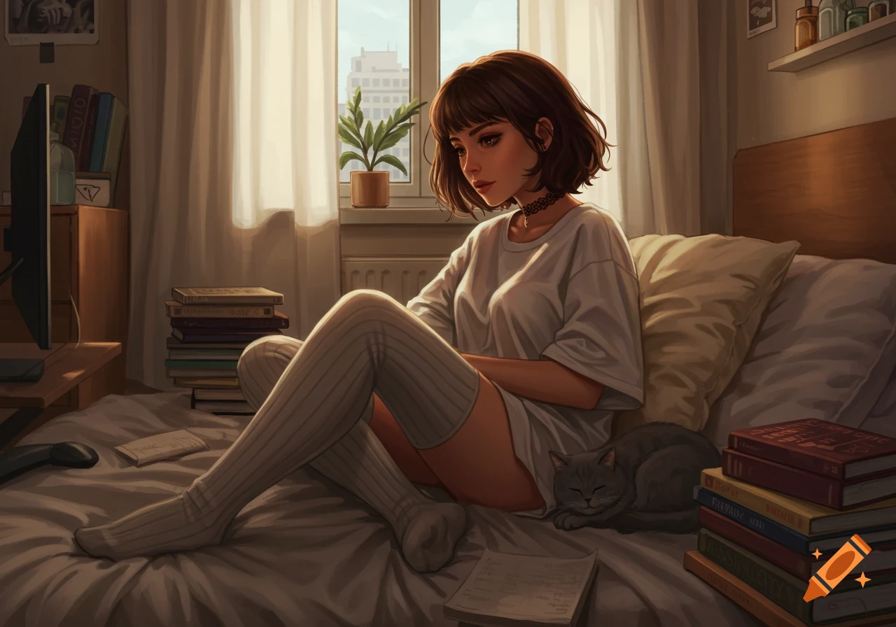 Digital art of a young woman with short brown hair relaxing on a bed with a cat and books, by a window.