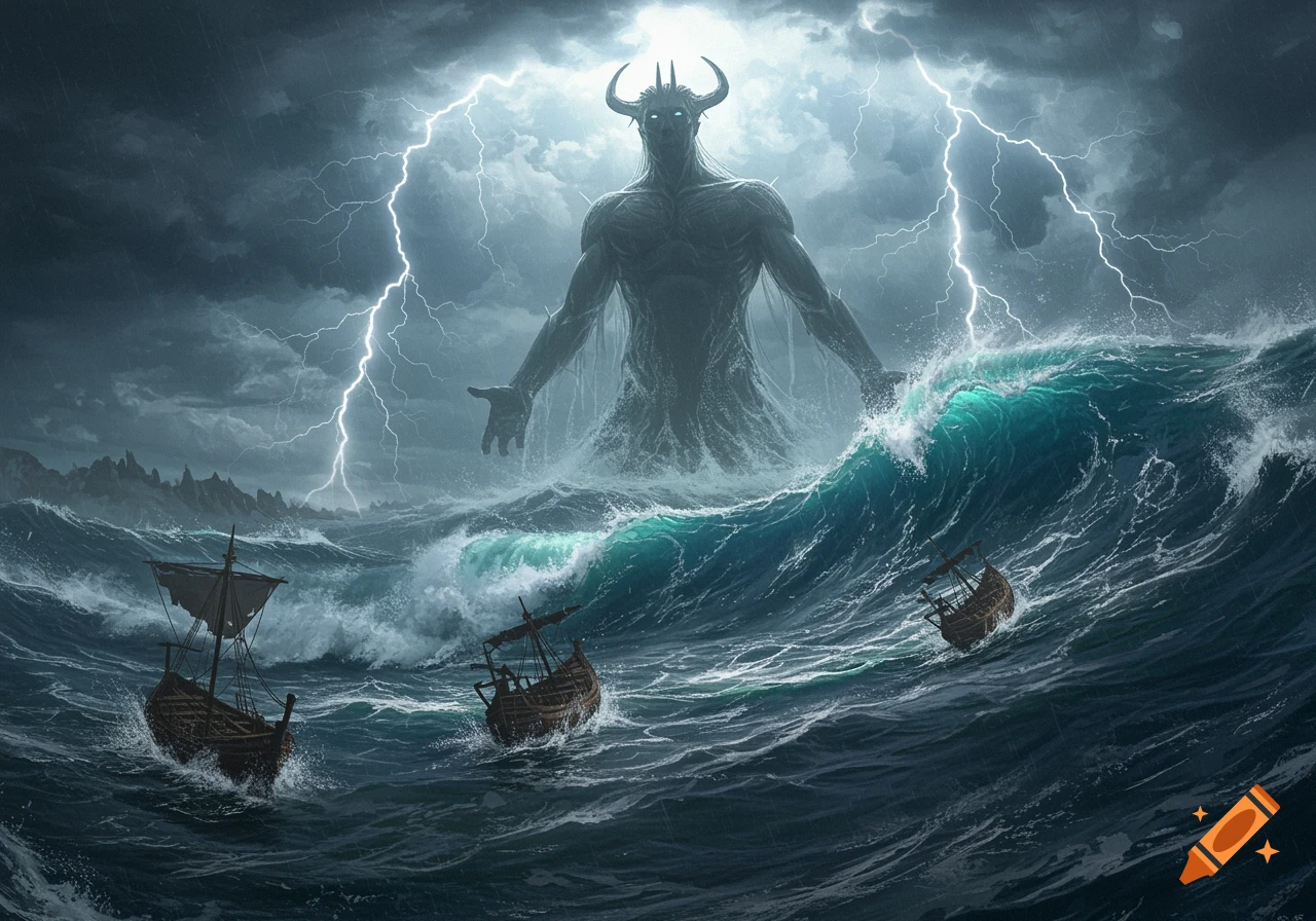 A colossal, horned, shadowy figure rises from a stormy ocean with lightning, towering over small sailing ships amidst huge waves.