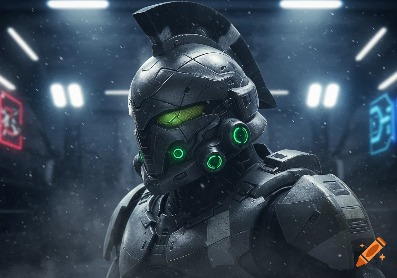 Close-up of a dark grey futuristic armored helmet with green glowing eyes and filters, snow falling in a neon-lit setting.