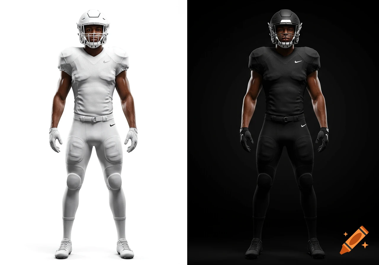 Two photorealistic American football players, one in white uniform on white, one in black uniform on black, facing viewer.