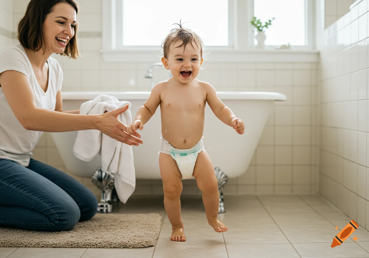 A happy baby in a diaper takes steps in a bathroom as their mother reaches out with a towel.