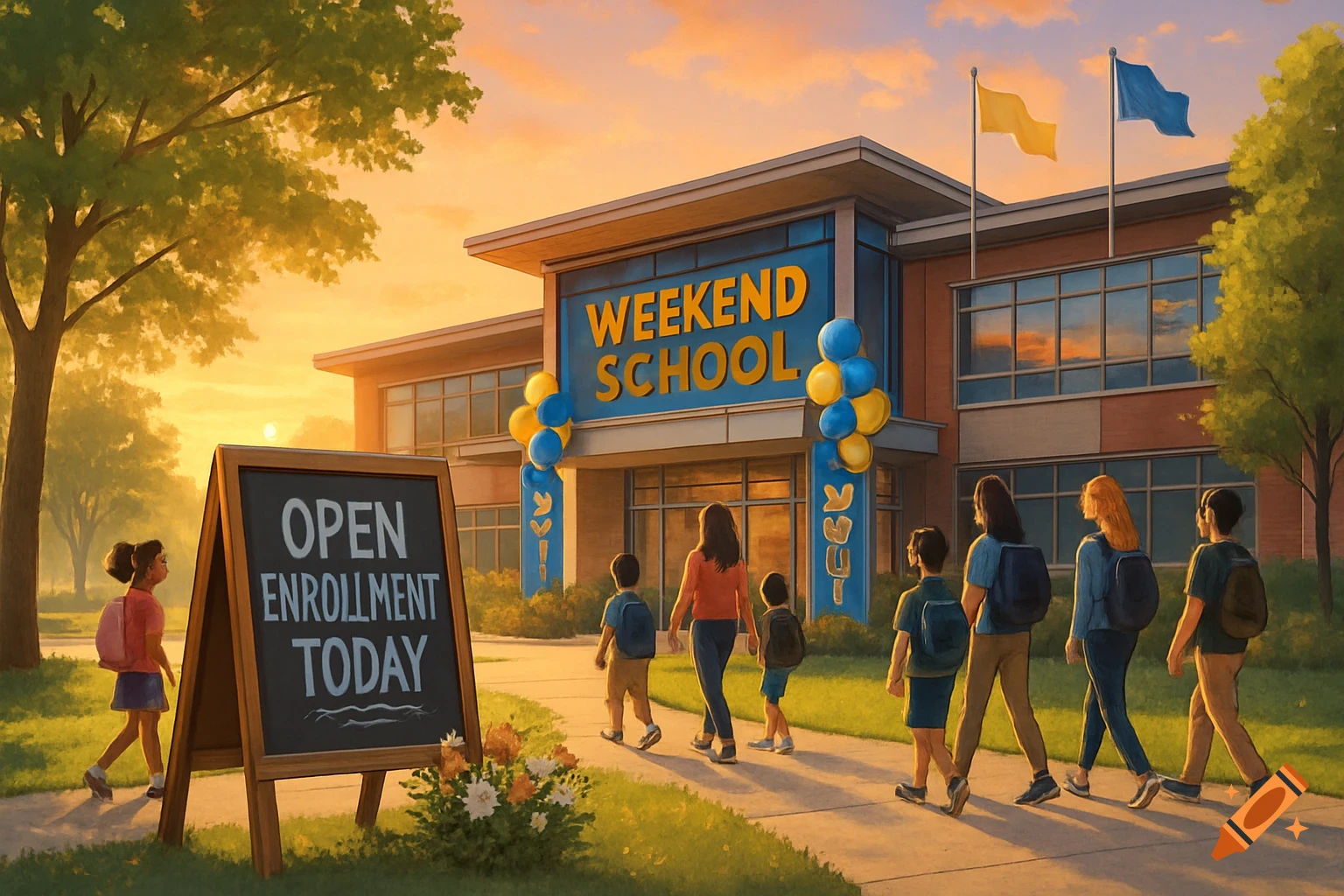 Illustration of students and adults walking towards a school building with a 'Weekend School' sign, at sunset.