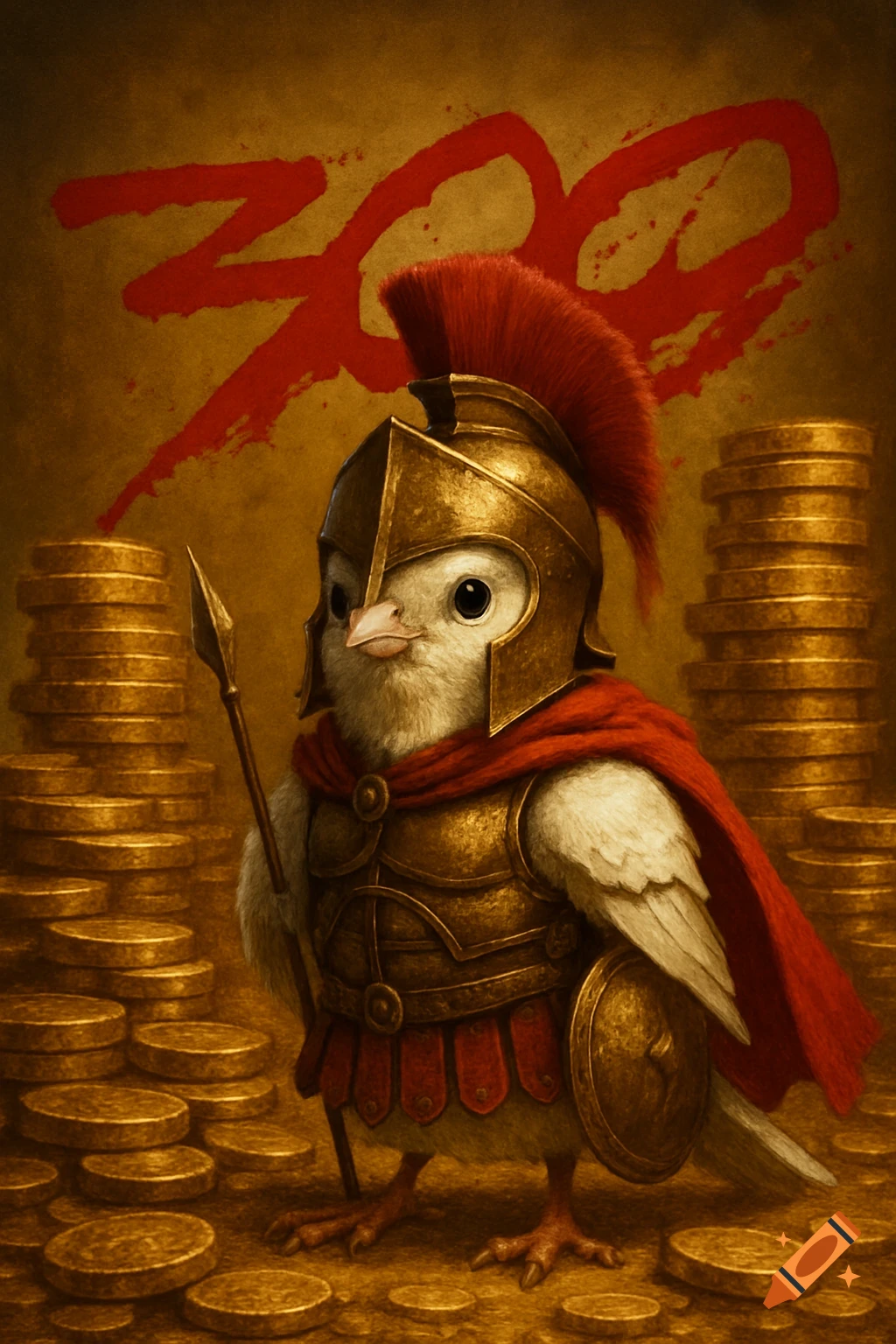 Cute white bird dressed as a Spartan warrior with red cape, golden armor, spear, and shield, standing in piles of gold coins with the red '300' logo in the background.