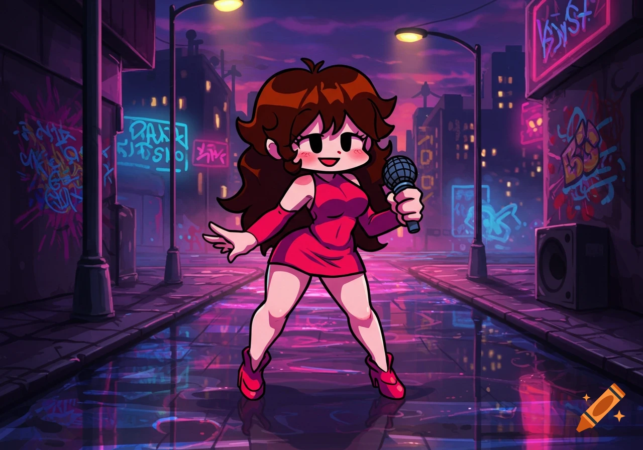 A cartoon character with brown hair and a red dress holds a microphone on a neon-lit city street at night, in a stylized art style.